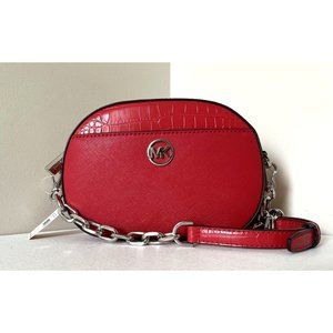 New Michael Kors Jet Set Glam Croc Small Oval Crossbody Bag Bright Red